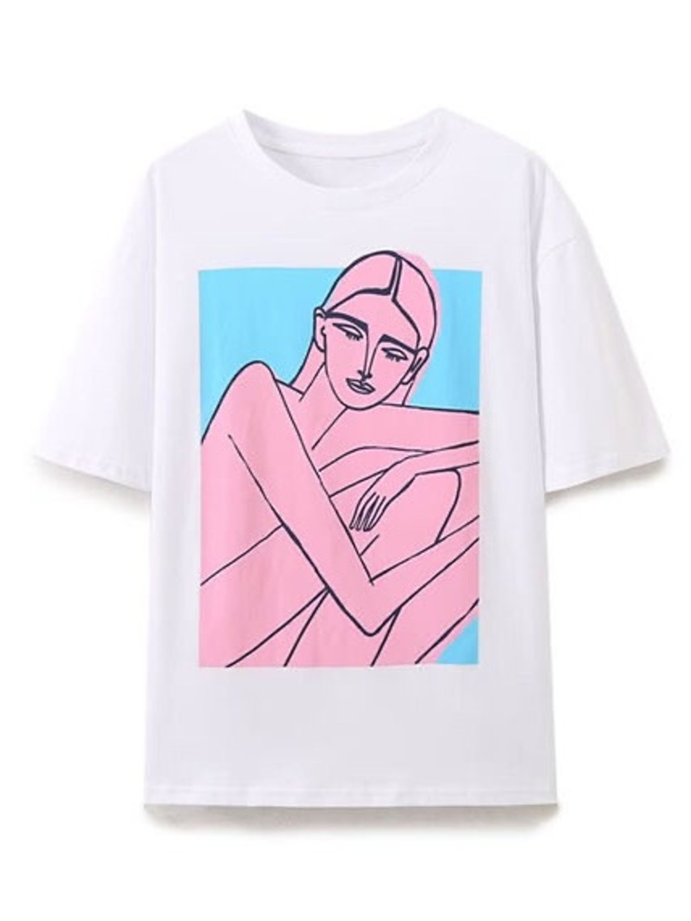 Zara 100% Cotton Abstract Figurative Art Print T Shirt White Pink Blue M